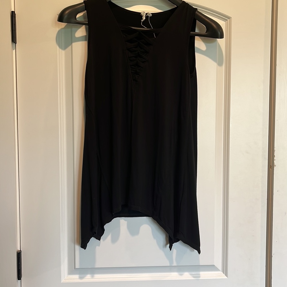 Womens black, long, flowy, criss-cross v-neck, tank